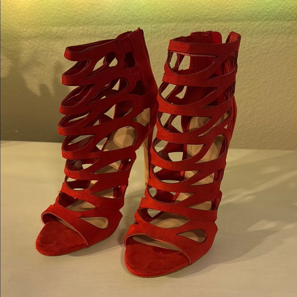Aldo Red High Heeled Sandals with Cage Design and Stiletto Heel